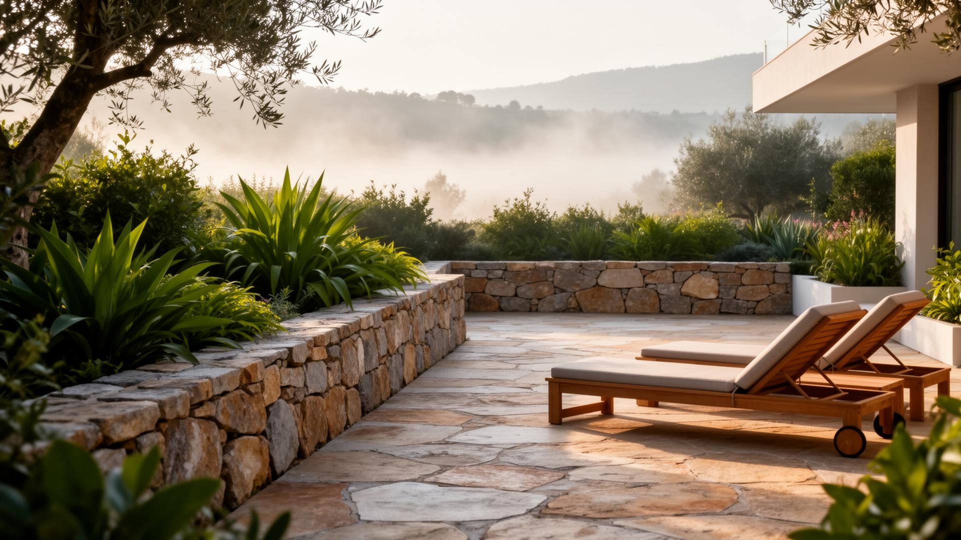 Moderne Gartenterrasse mit Natursteinmauer