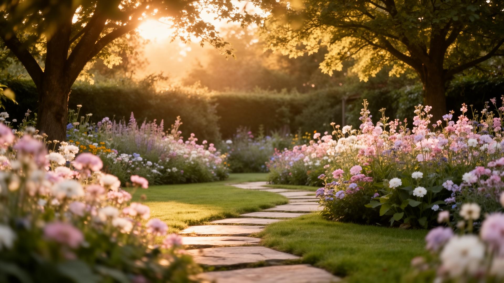 Blühender Garten im warmen Abendlicht